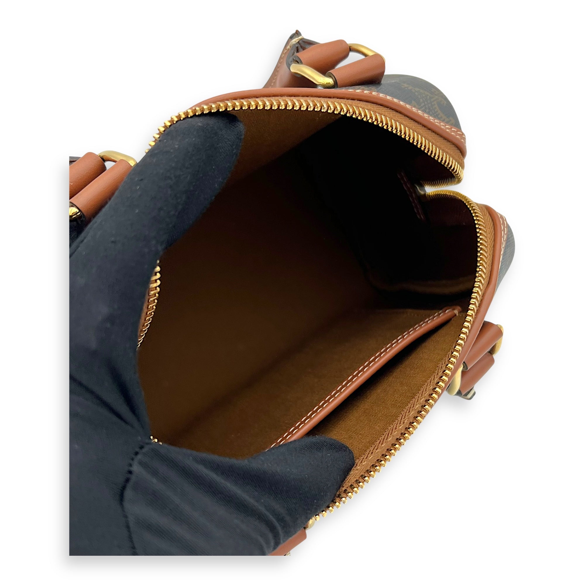 Triomphe Boston Brown Top Handle Bag in Coated Canvas, Gold hardware - Image 9