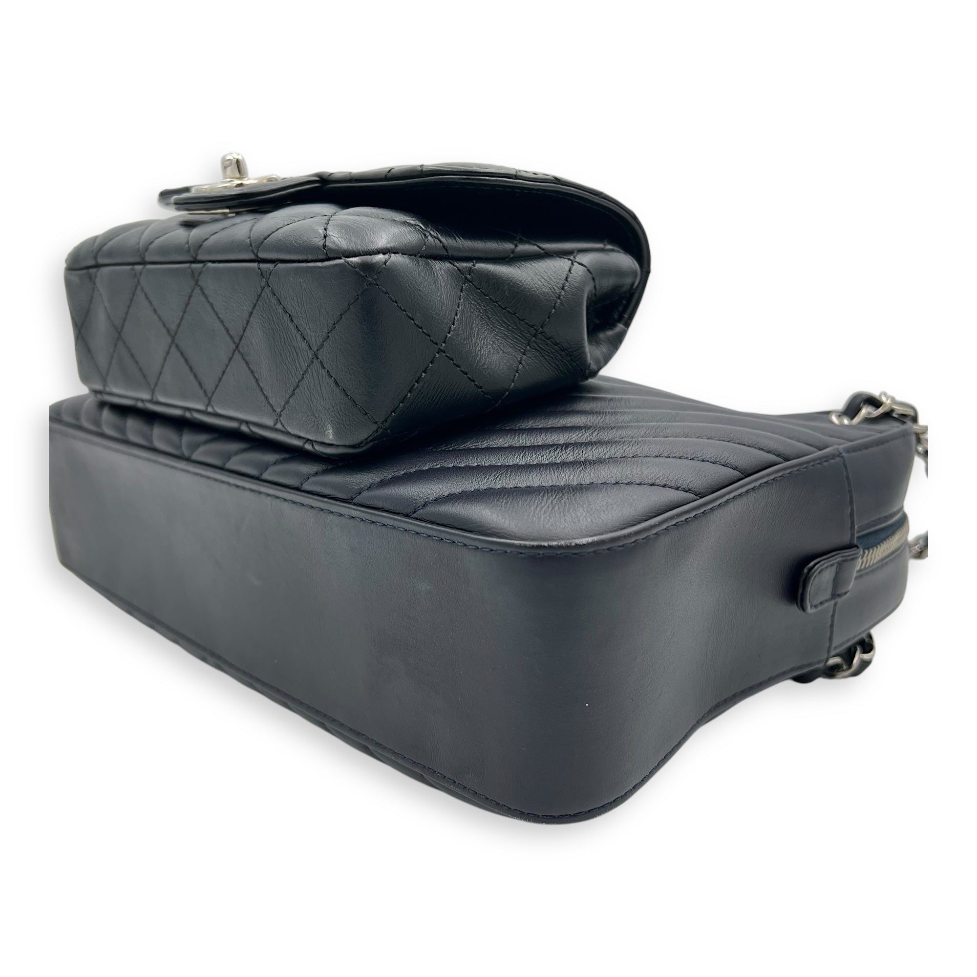 Paris Hamburg Double Camera Bag With Flap Navy & Black Shoulder Bag in Calfskin, Silver hardware - Image 9