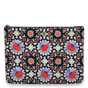 Quilted Printed Dubai Paris O Case Black Pouch in Fabric, Silver hardware