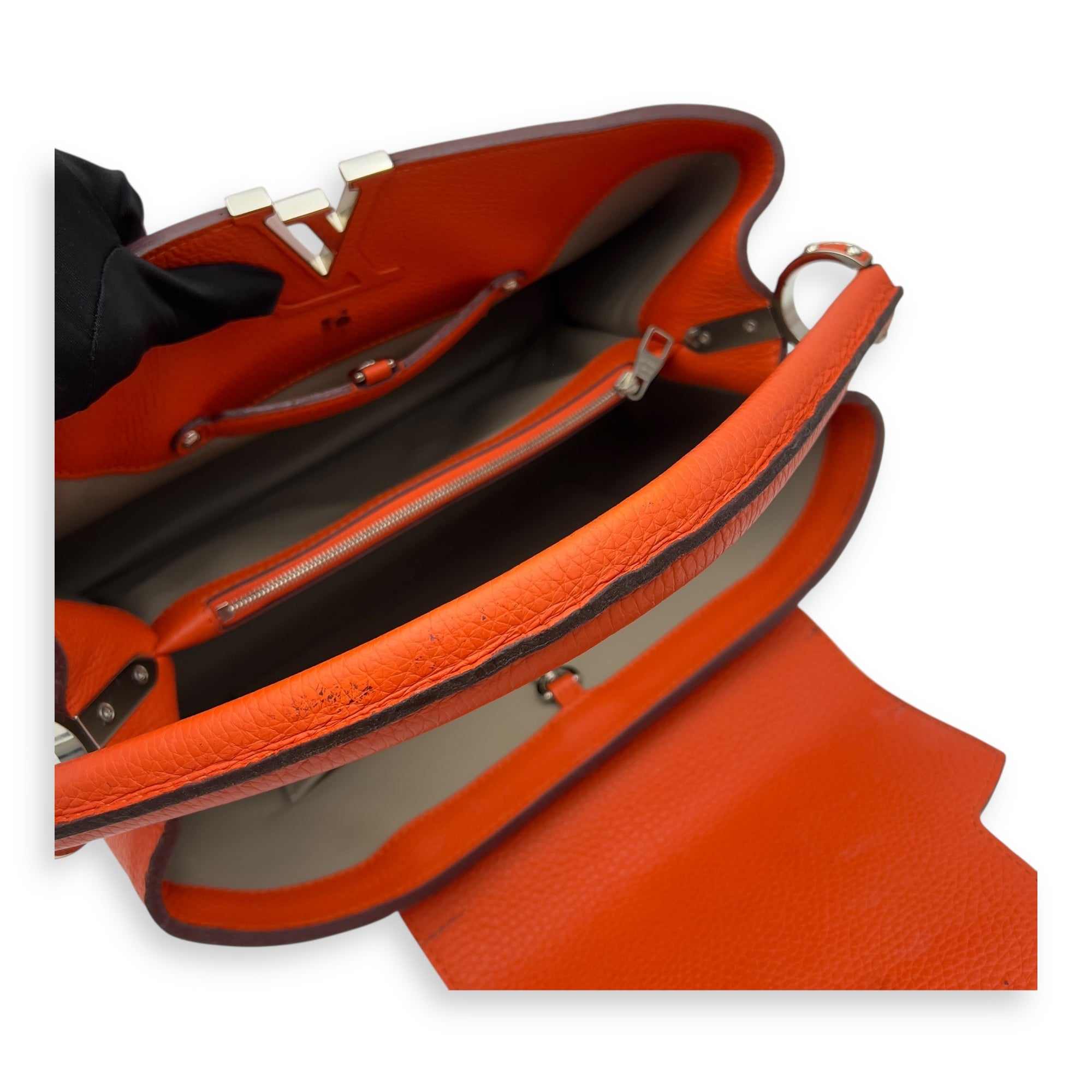 Capucines MM Clementine Top Handle Bag in Taurillon Leather, Light Gold hardware - Image 10