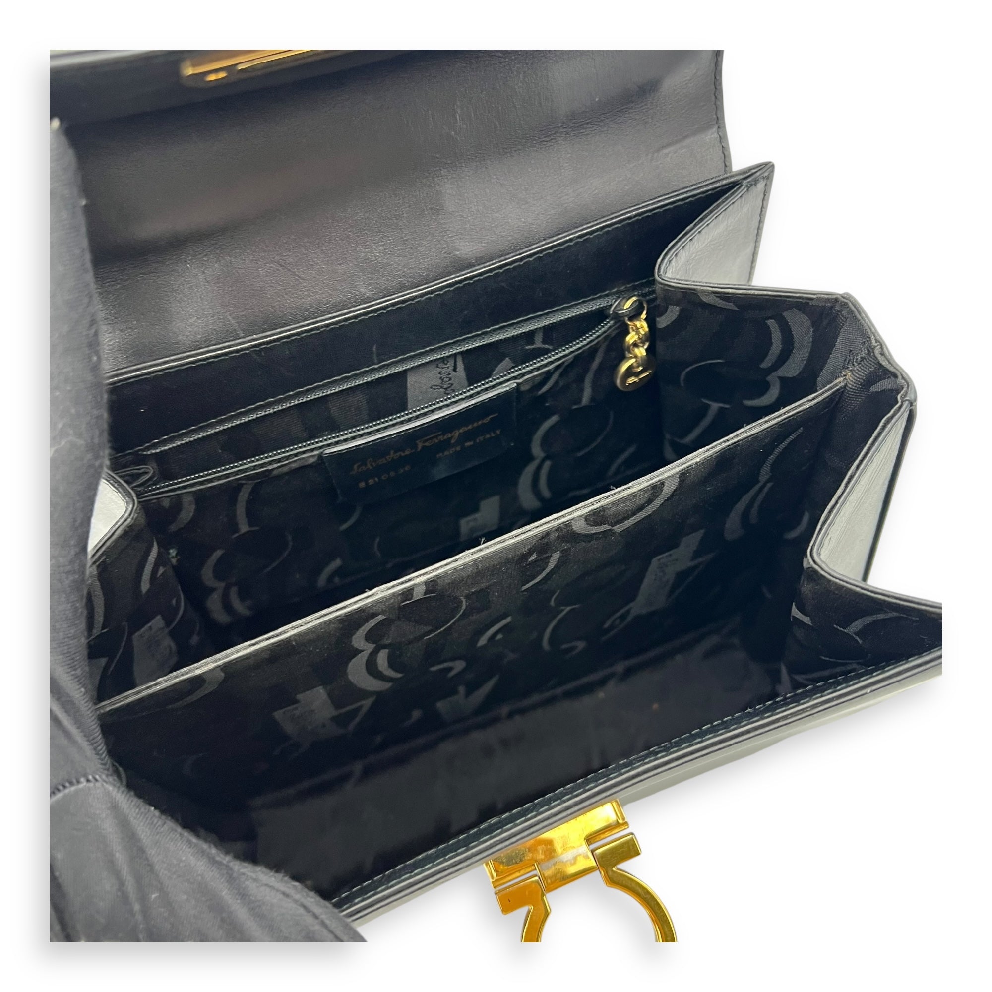 Gancini Black Top Handle Bag in Calfskin, Gold hardware - Image 12