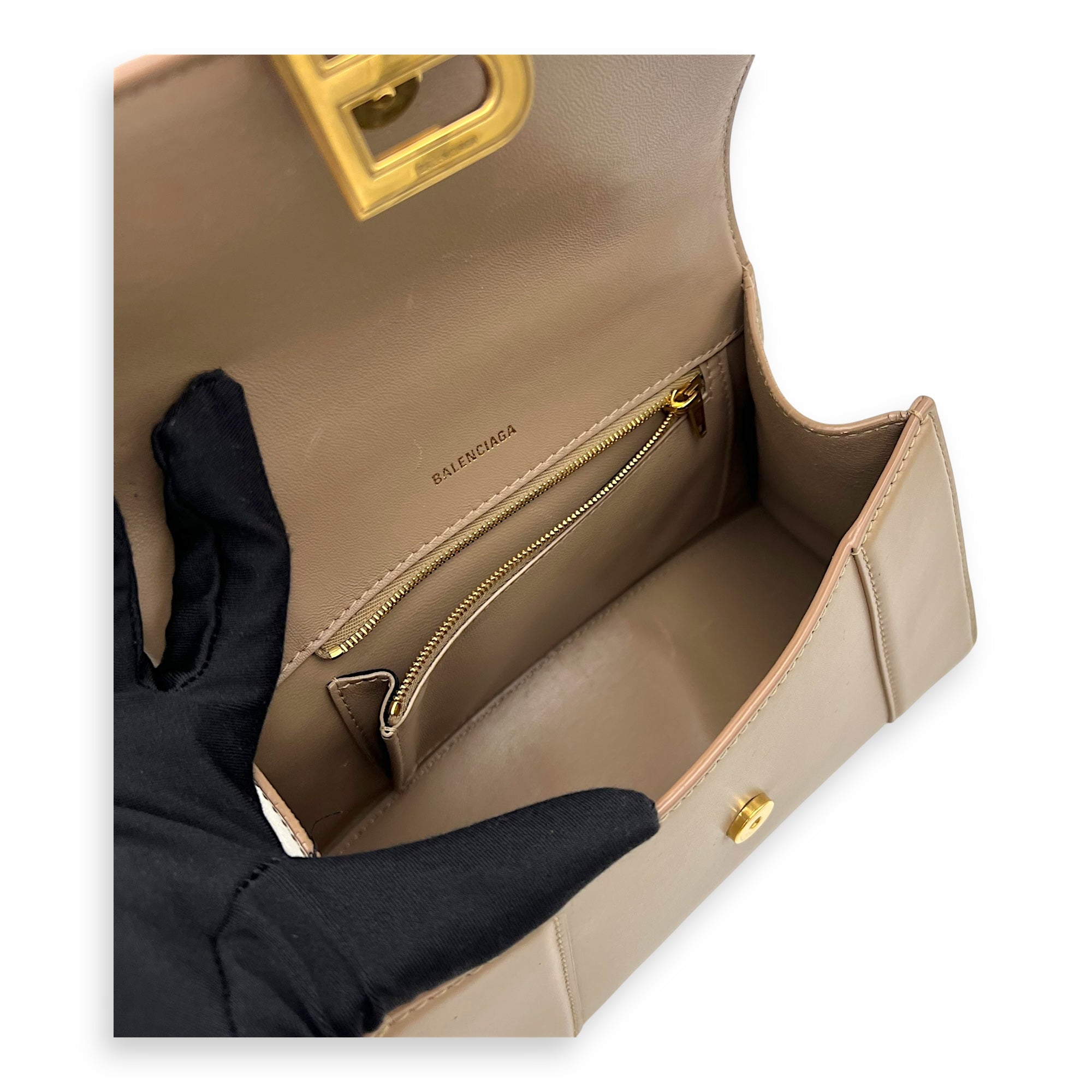 Hourglass Small Beige Top Handle Bag in Calfskin, Gold hardware - Image 13