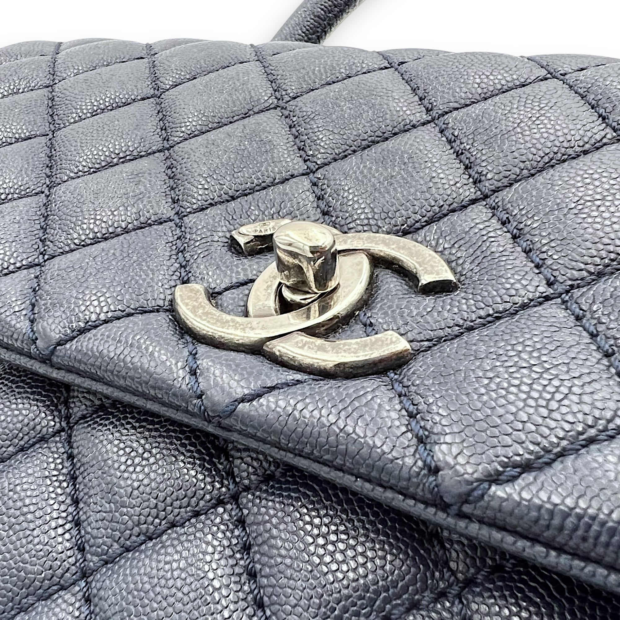 Coco Handle Quilted Top Handle Bag Blue in Caviar Leather, Silver hardware - Image 16