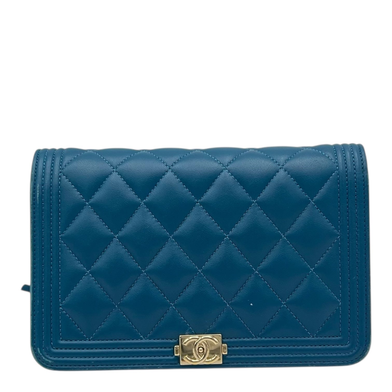 Boy Wallet On Chain Blue in Lambskin, Gold hardware