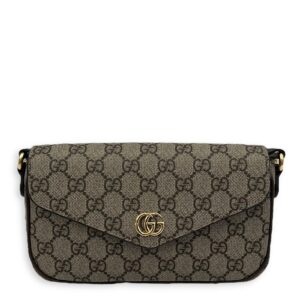 Ophidia Brown Crossbody Bag in Monogram Coated Canvas, Gold hardware