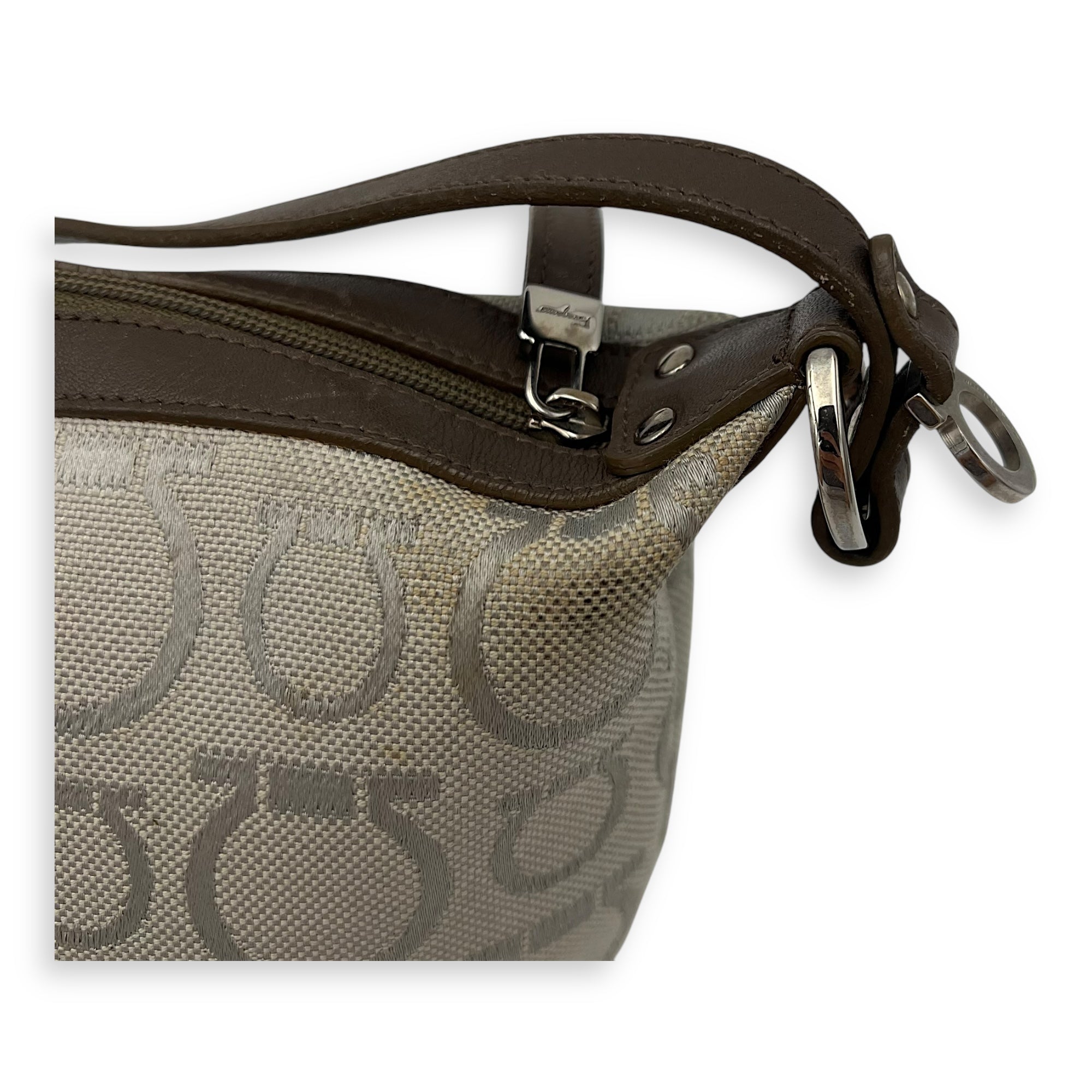 Gancini White Shoulder Bag in Canvas, Silver hardware - Image 13
