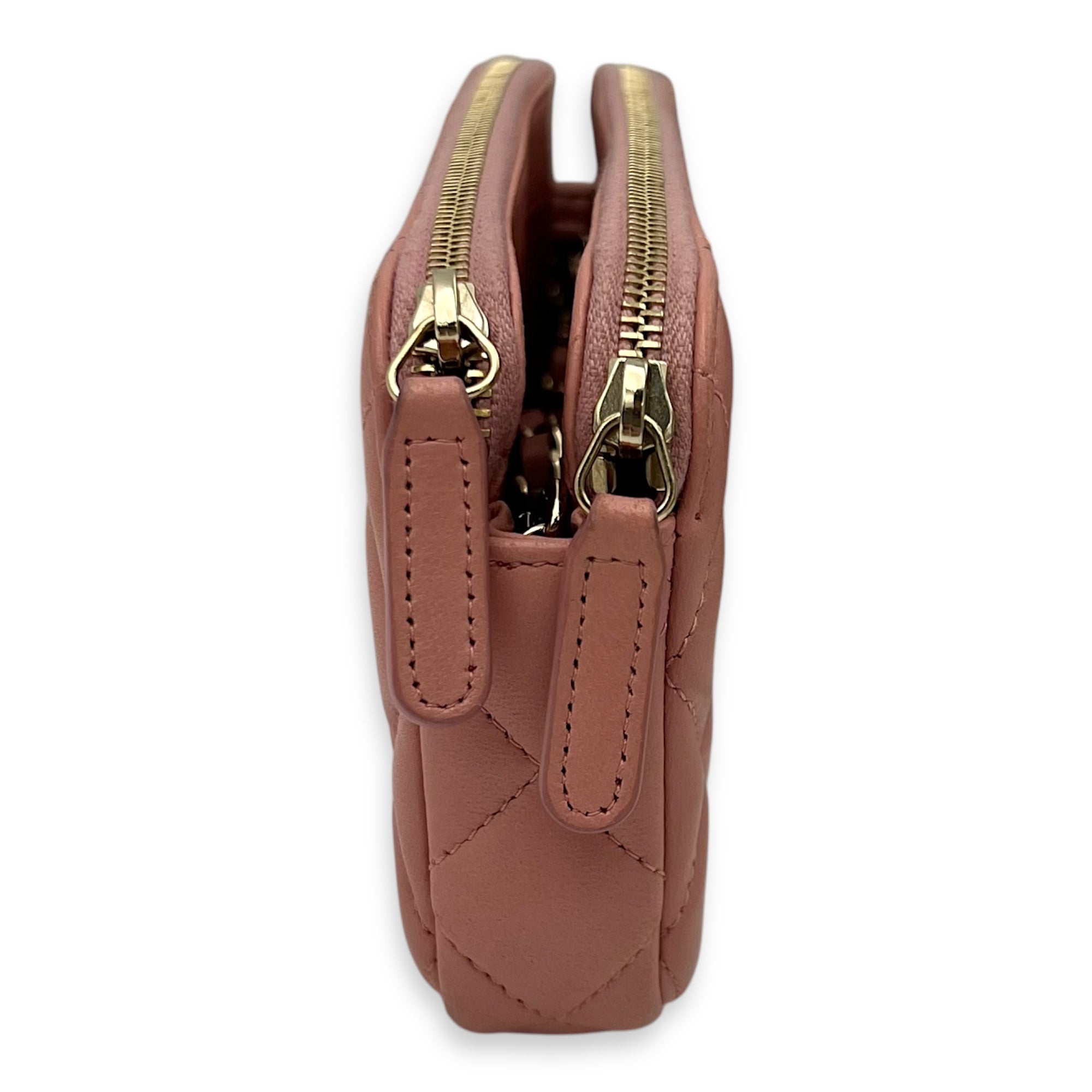Double Zipped Pink Clutch with Chain in Lambskin, Gold hardware - Image 5