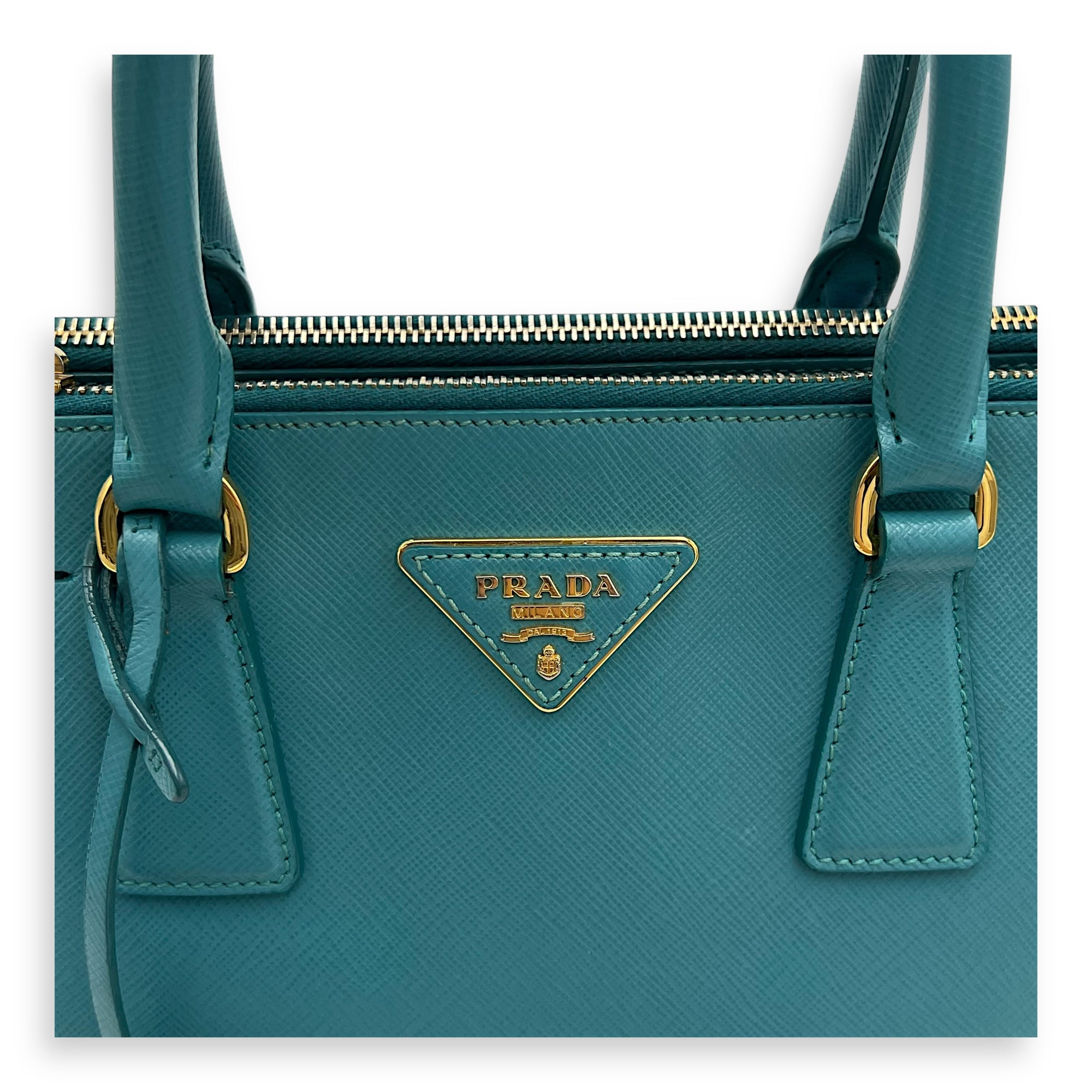 Galleria Top Handle Bag Blue in Saffiano Leather, Gold hardware - Image 14