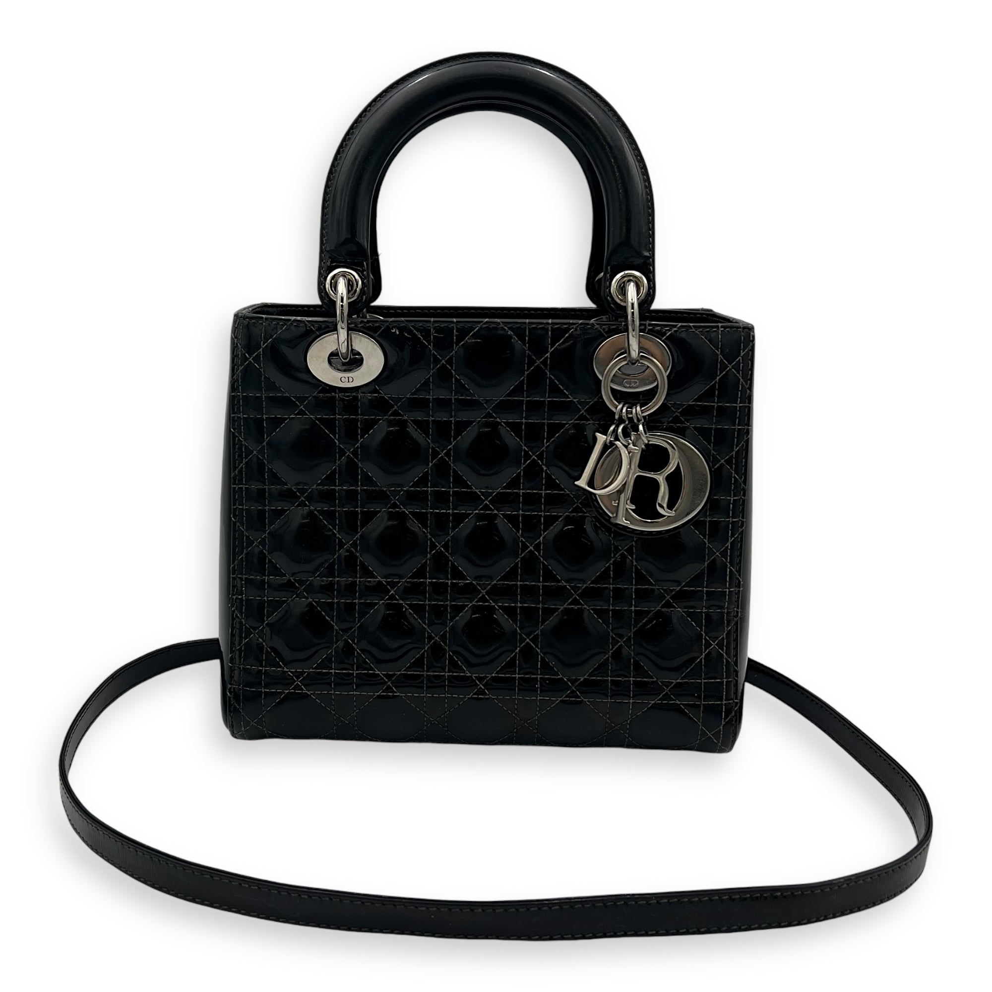 Lady Dior Top Handle Bag Medium Black in Patent Leather, Silver hardware - Image 17