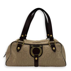 Gancini Beige Shoulder Bag in Canvas, Gold hardware