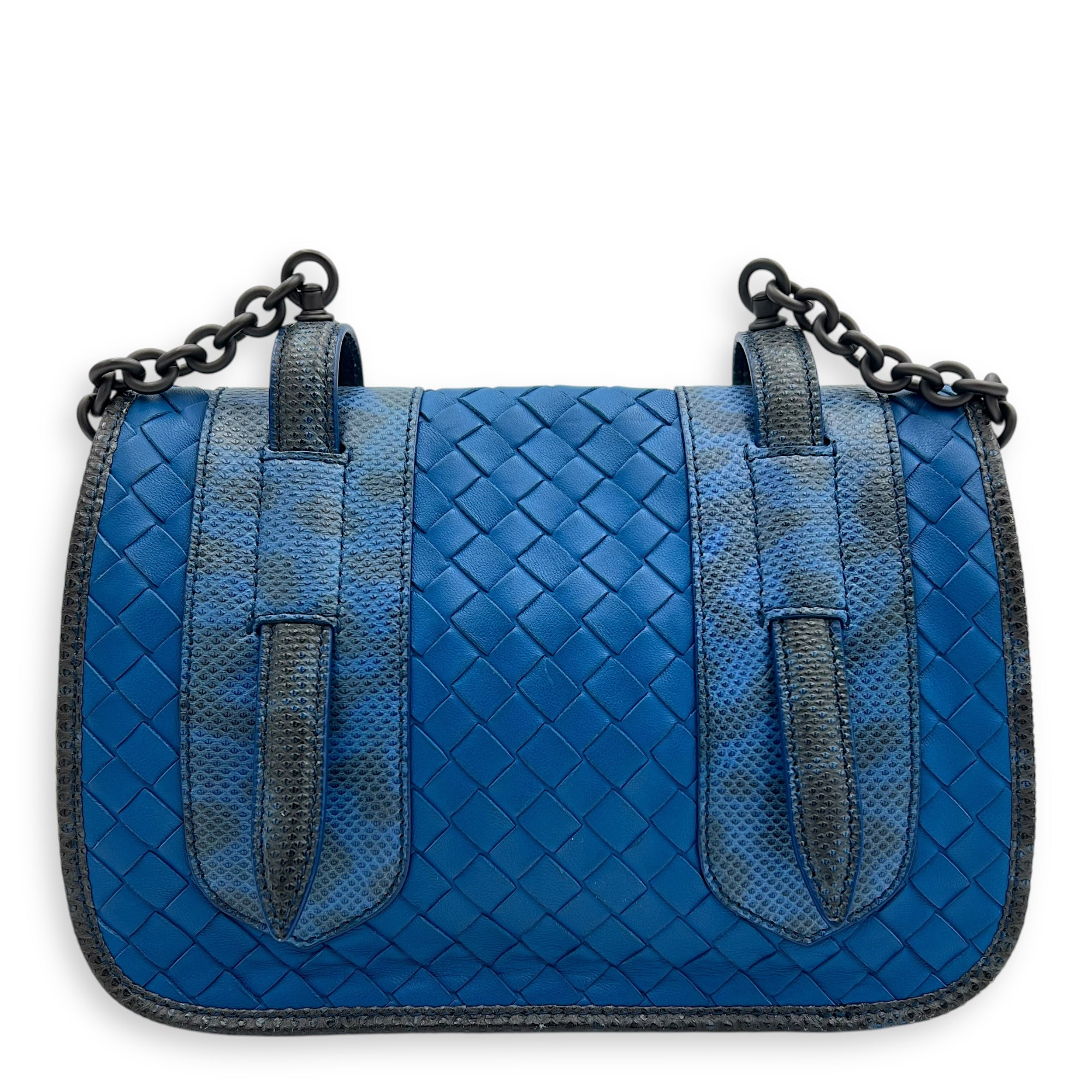 Intrecciato Blue Shoulder Bag in Lambskin and Lizard, Ruthenium hardware