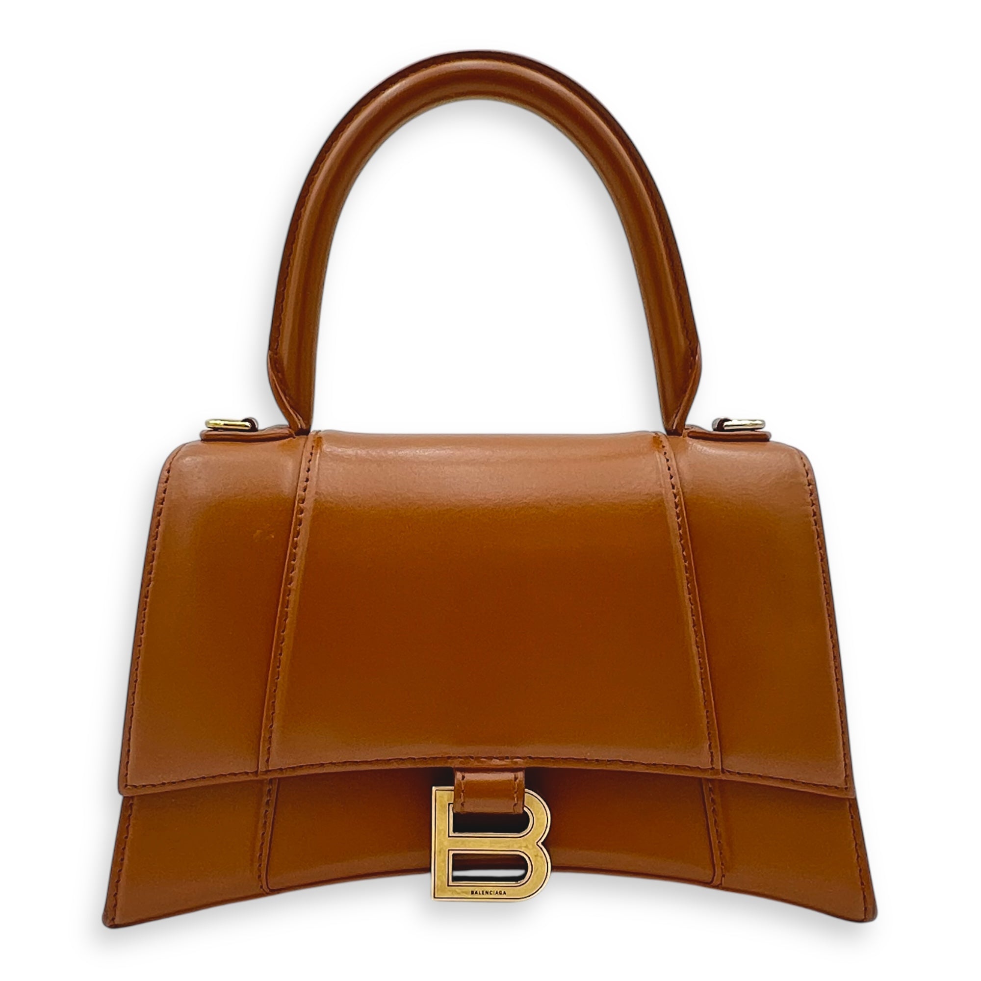 Hourglass Top Handle Bag Small Brown in Calfskin, Gold hardware