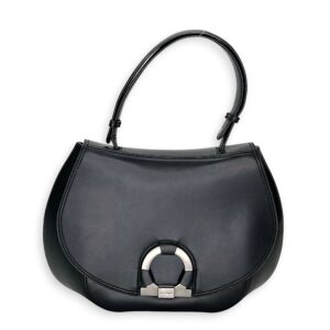 Gancini Flap Black Top Handle Bag in Calfskin, Silver hardware