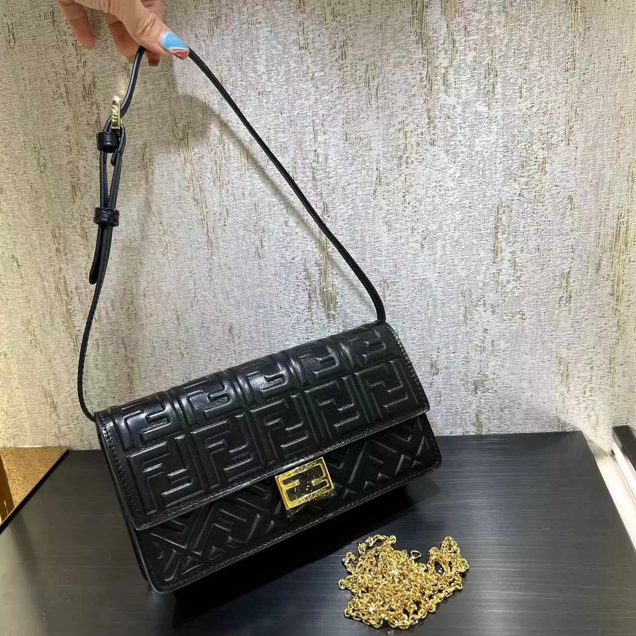 Wallet On Chain Baguette Black Nappa Leather - Repbags.ru - Image 8