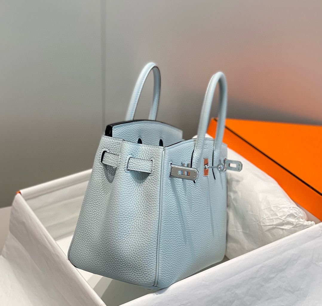 Hermes Birkin 25cm Bag In Blue Brume Clemence Leather PHW - Image 5