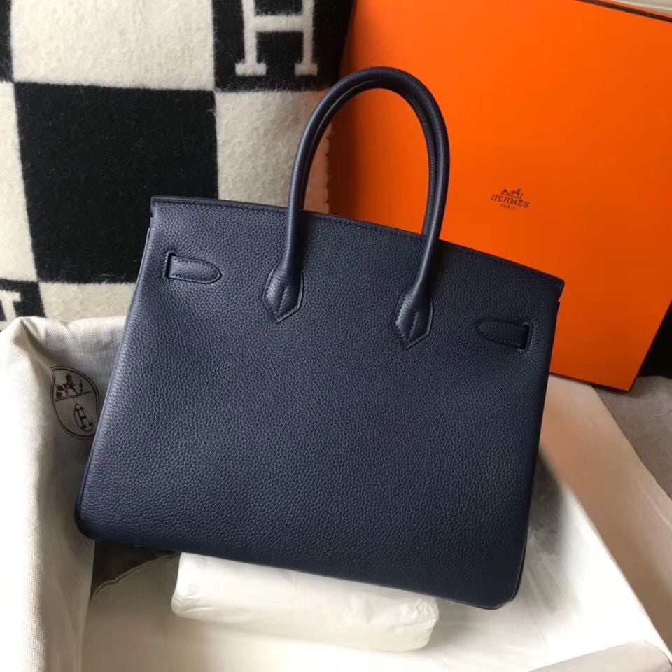 Hermes Birkin 35cm Bag In Dark Blue Clemence Leather GHW - Image 3