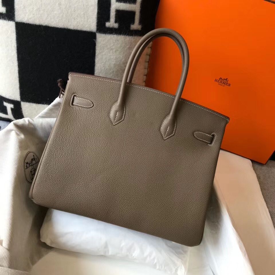 Hermes Birkin 35cm Bag In Taupe Grey Clemence Leather GHW - Image 3