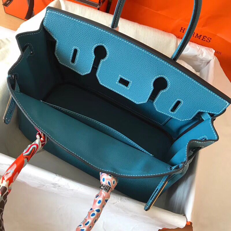 Hermes Birkin 30 Handmade Bag In Blue Jean Clemence Leather - Image 7