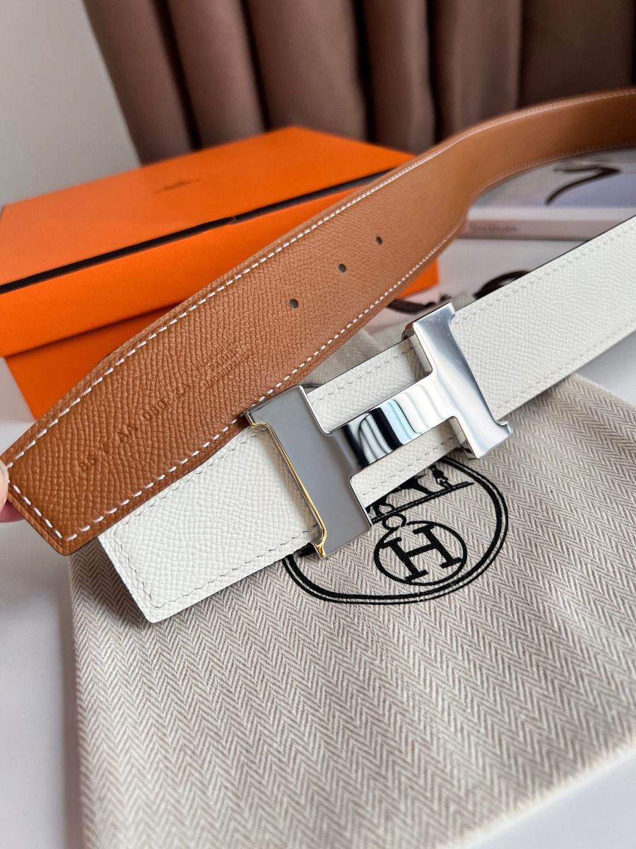 Hermes Constance Reversible Belt 38MM in Gold and White Epsom Calfskin - Image 6