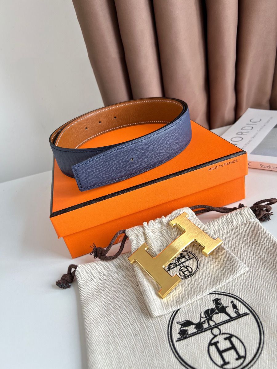 Hermes H Reversible Belt 38MM in Blue and Gold Epsom Leather - Image 3