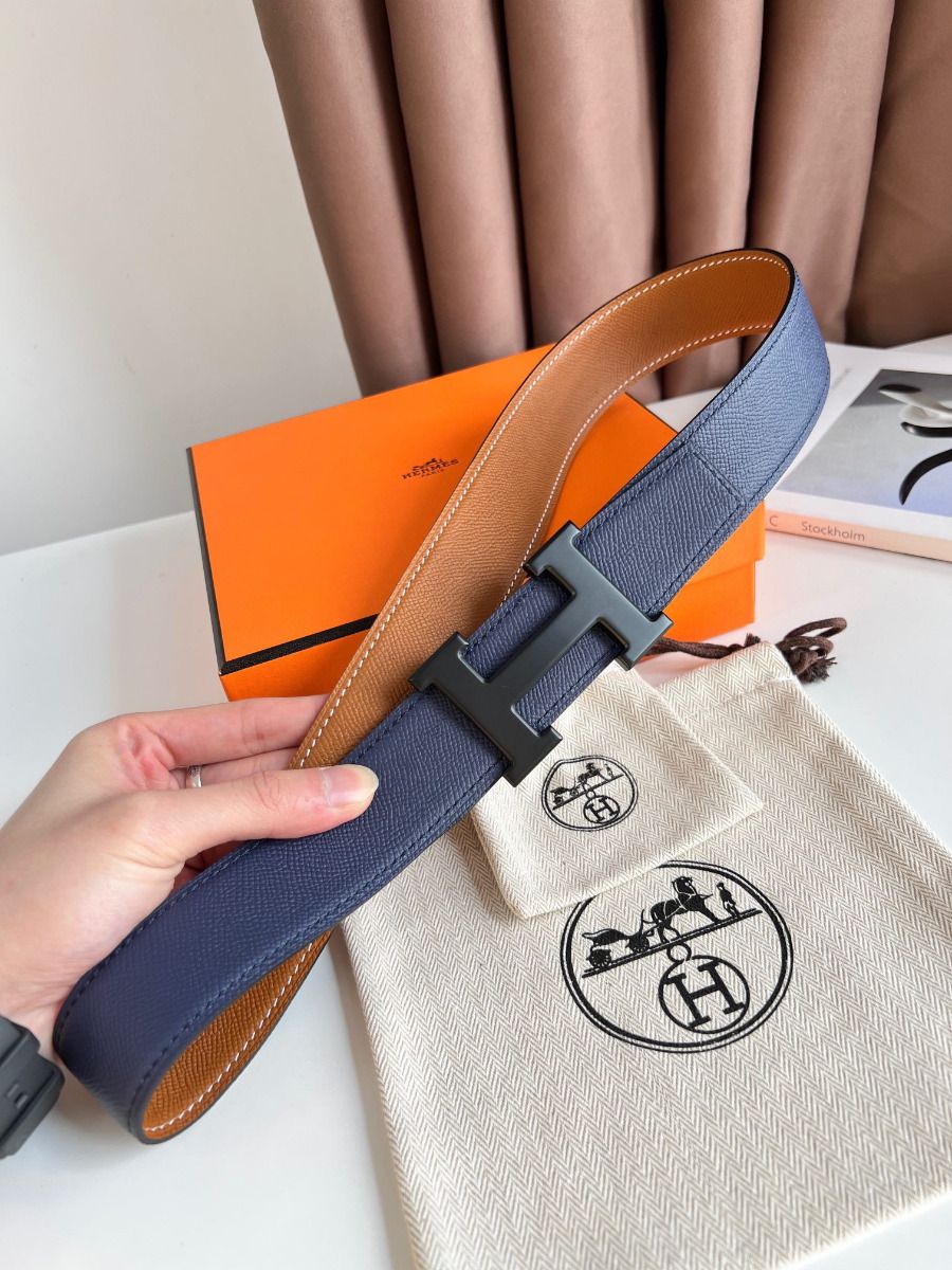 Hermes H Reversible 38MM Belt with matte Buckle in Blue and Gold Epsom Leather - Image 3