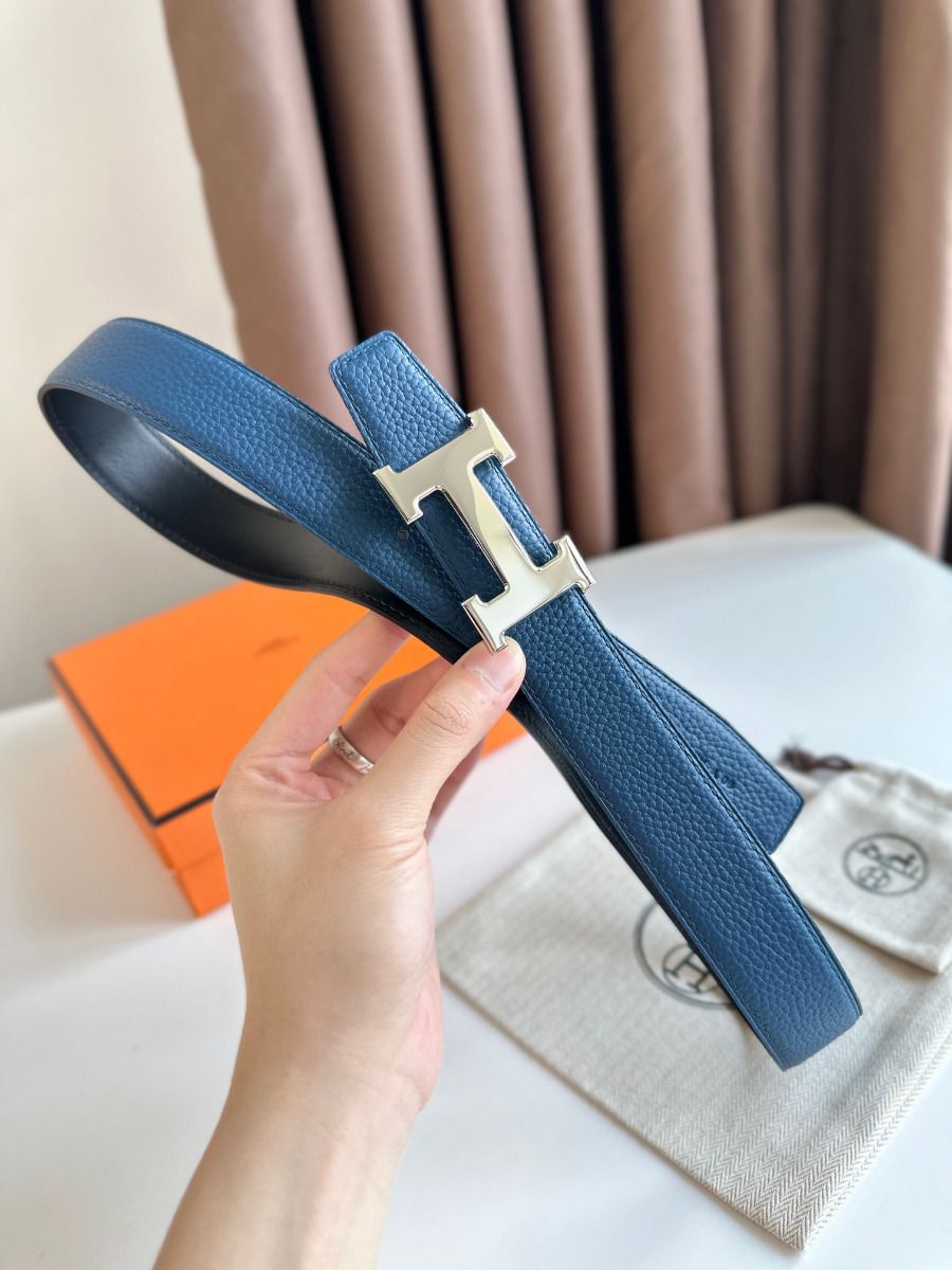 Hermes H Reversible Belt 32MM in Blue Clemence Leather - Image 4