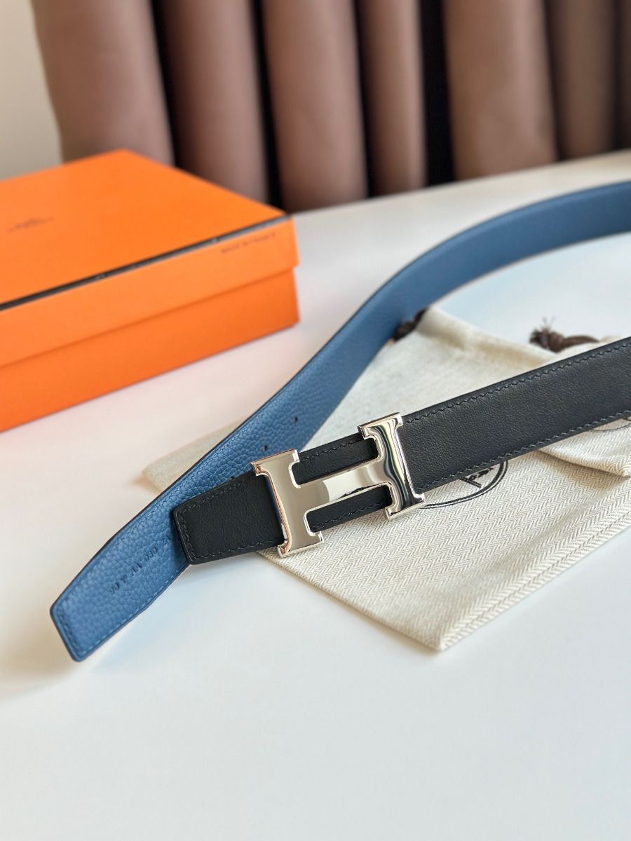 Hermes H Reversible Belt 32MM in Blue Clemence Leather - Image 5