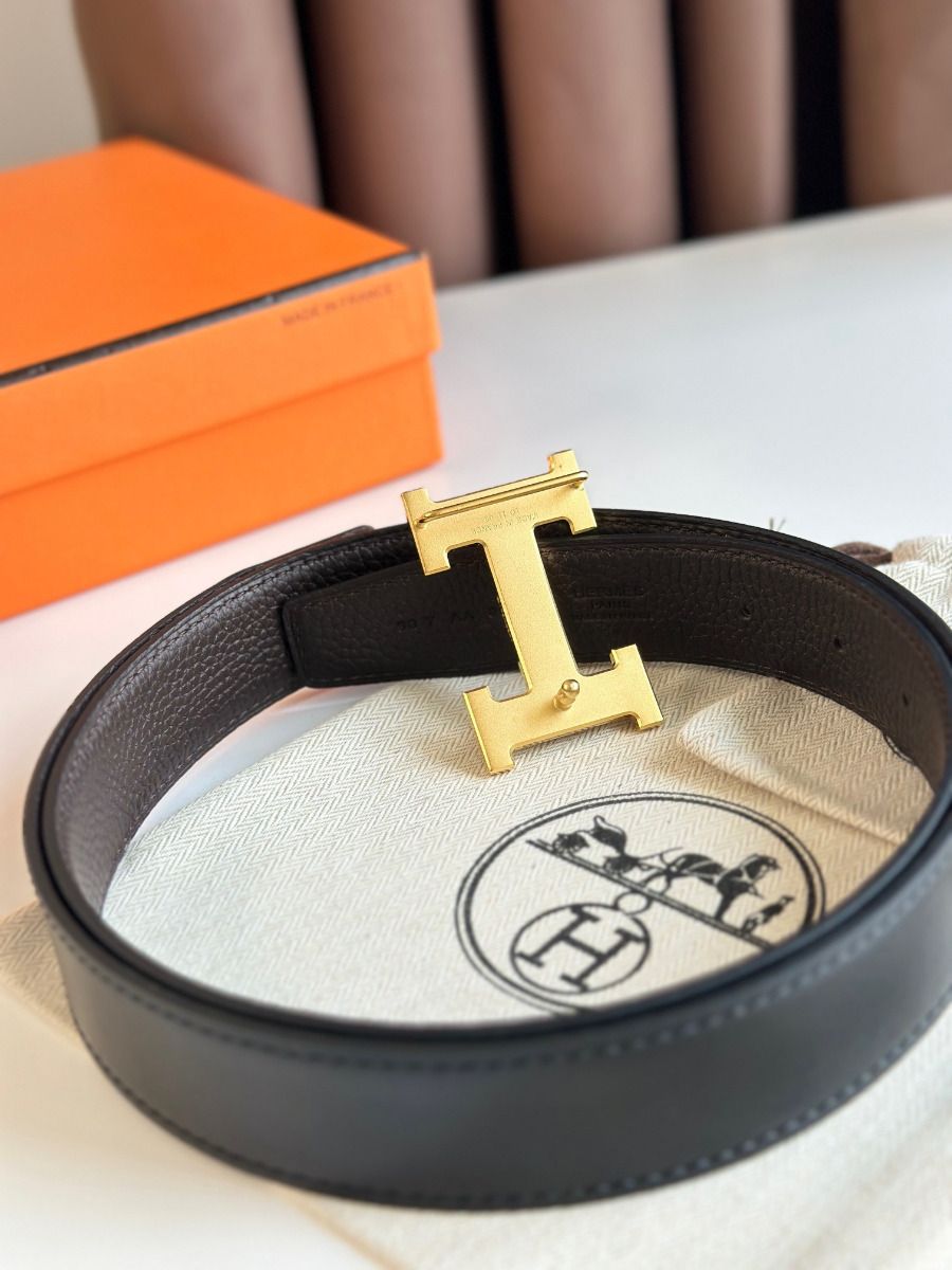 Hermes H Reversible Belt 32MM in Chocolate Clemence Leather - Image 7