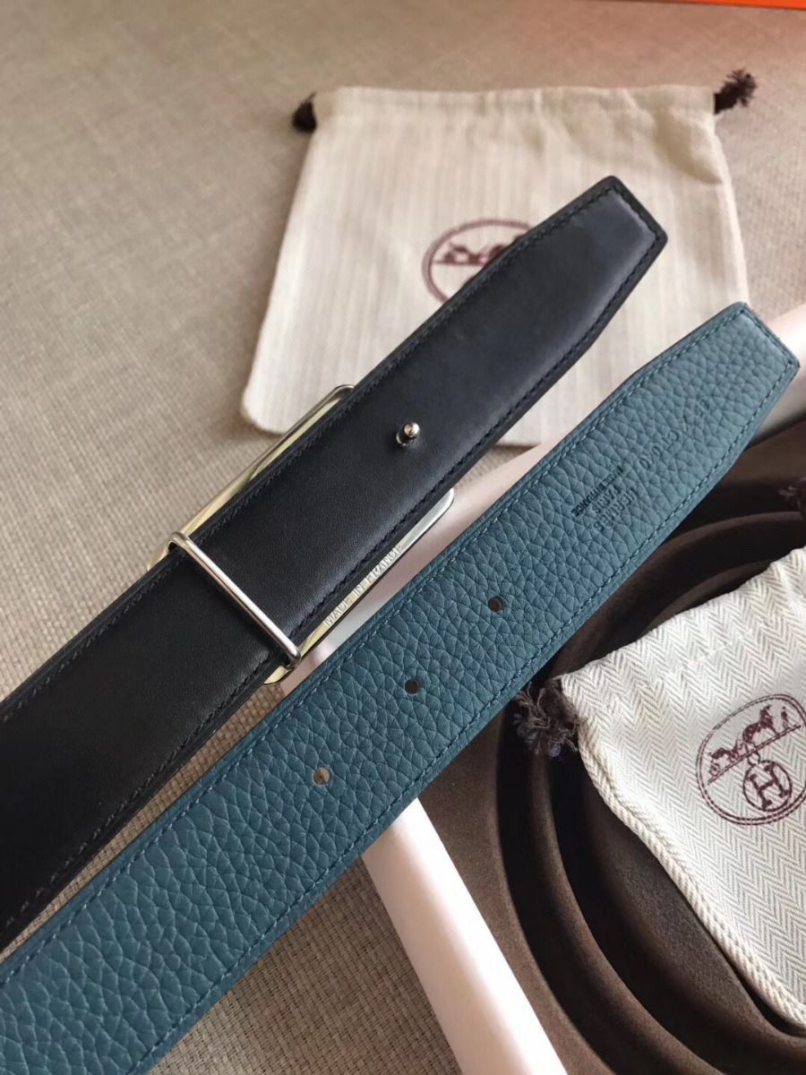 Hermes Officier Reversible 38mm Belt In Blue Clemence Leather - Image 5
