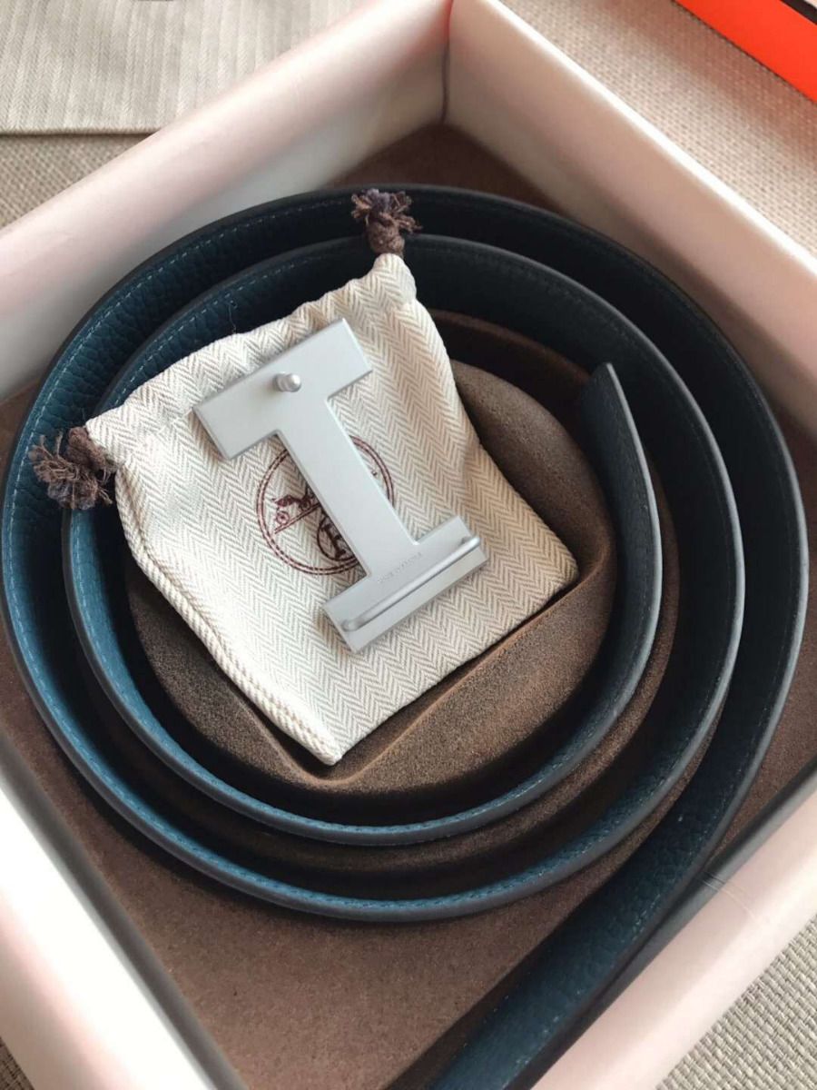 Hermes Quizz 32mm Reversible Belt In Blue Clemence Leather - Image 3