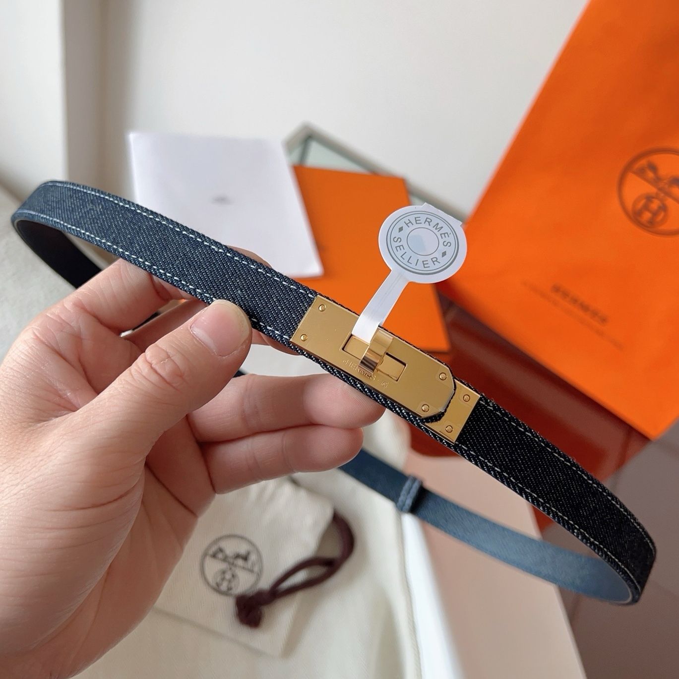 Hermes Kelly Jean 18 Belt in Denim and Epsom Leather