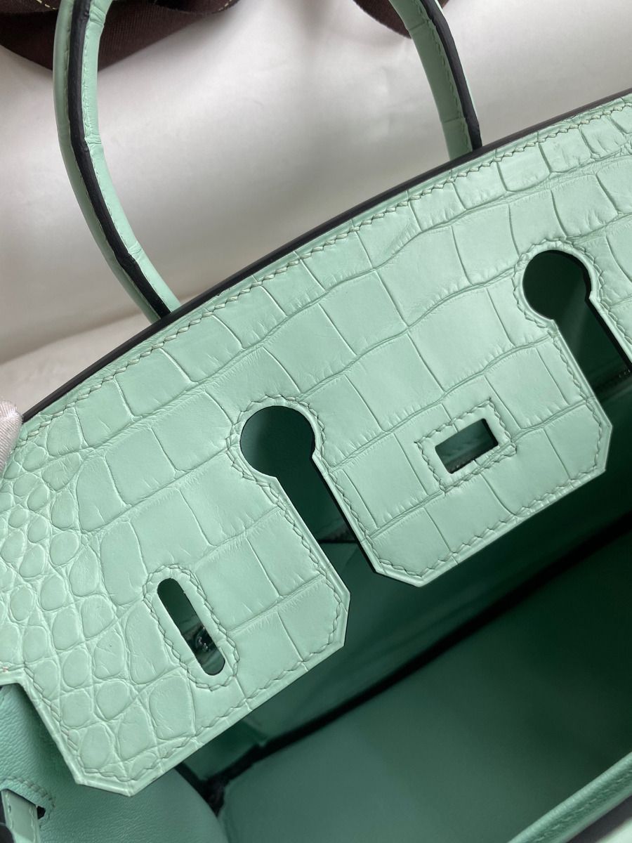 Hermes Birkin 25 Retourne Handmade Bag In Vert D'eau Matte Alligator Leather - Image 9