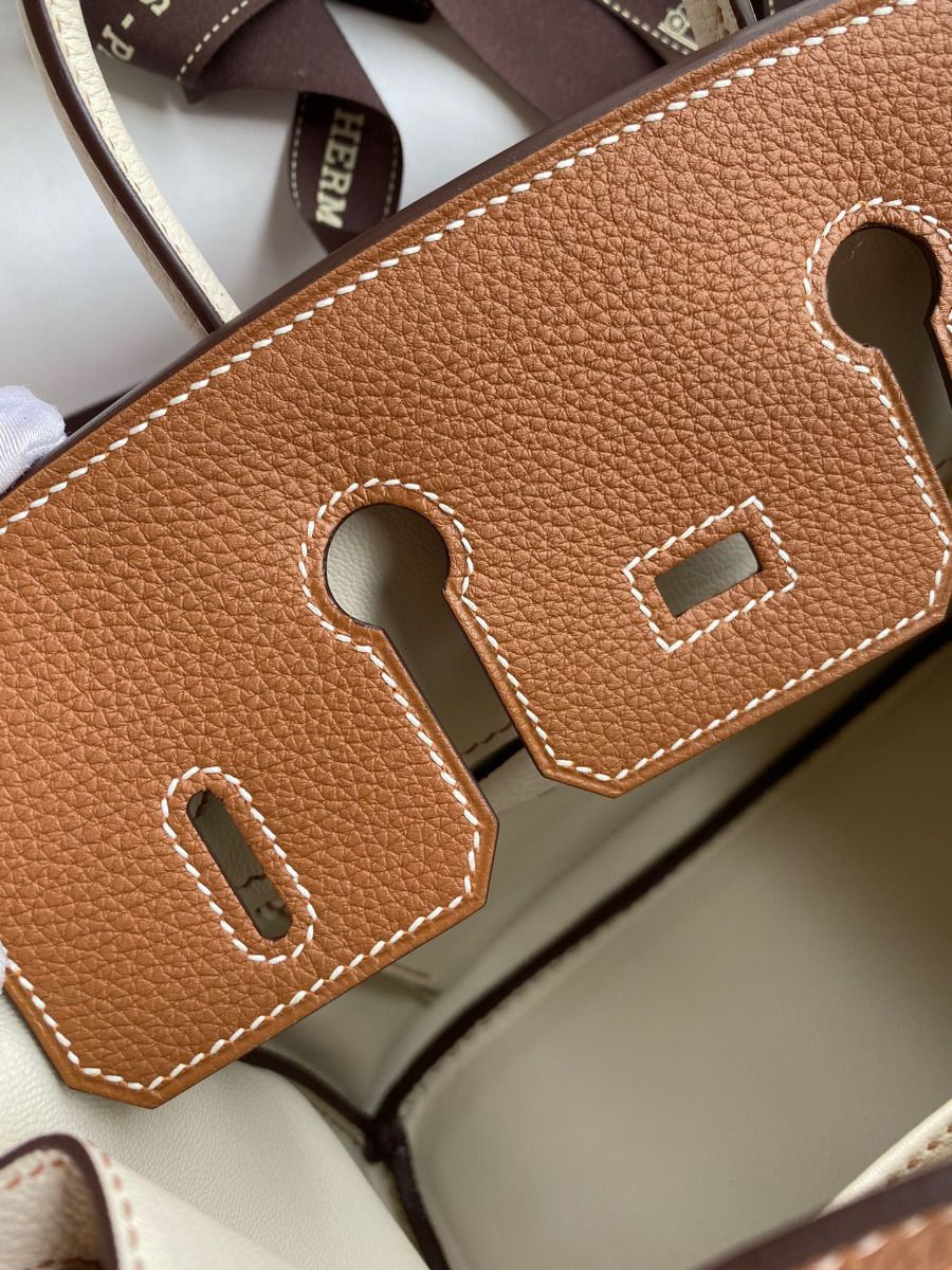 Hermes HSS Birkin 25 Bicolor Bag in Gold and Craie Clemence Leather - Image 10