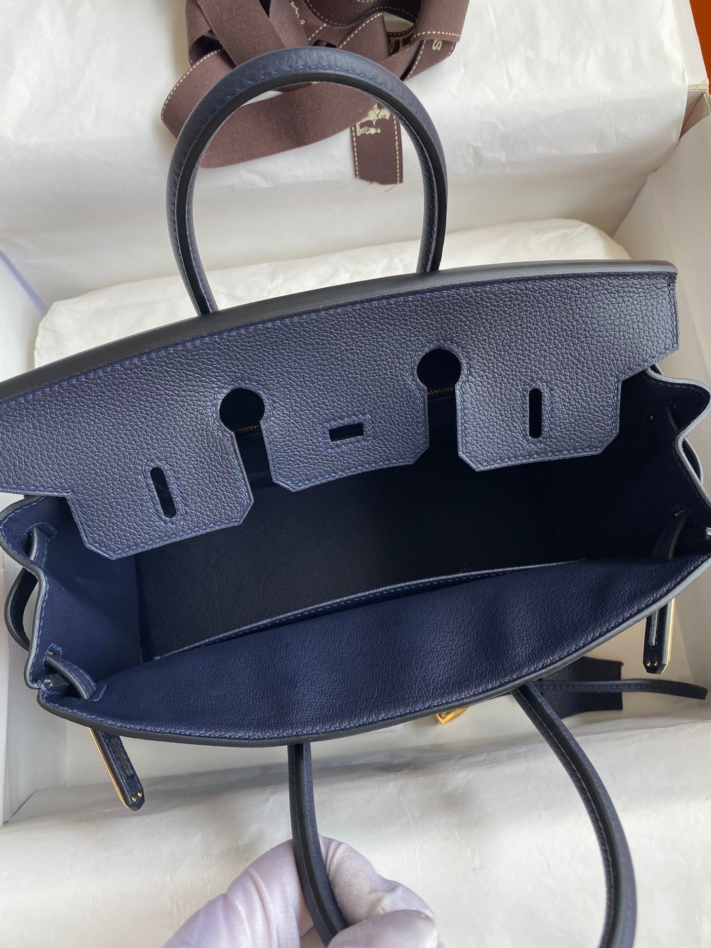 Hermes Birkin 25 Retourne Handmade Bag in Blue Nuit Clemence Leather - Image 6