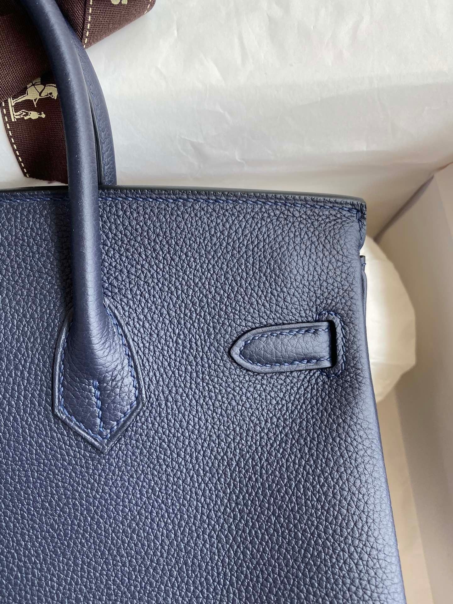 Hermes Birkin 25 Retourne Handmade Bag in Blue Nuit Clemence Leather - Image 8