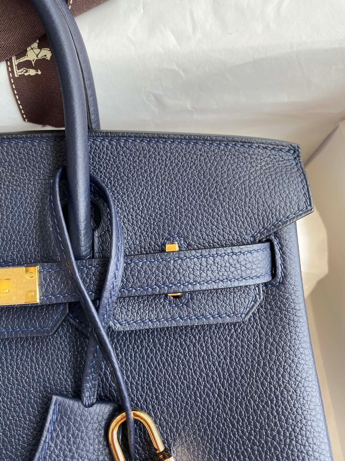Hermes Birkin 25 Retourne Handmade Bag in Blue Nuit Clemence Leather - Image 9