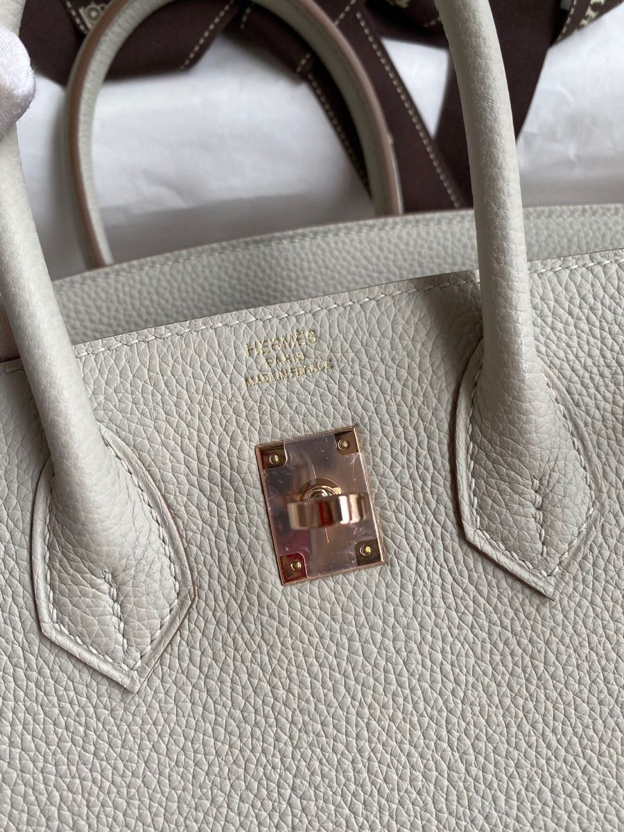 Hermes Birkin 25 Retourne Handmade Bag In Pearl Grey Clemence Leather - Image 7