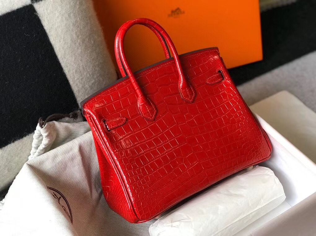 Hermes Birkin 25cm Bag In Red Embossed Crocodile Leather - Image 3