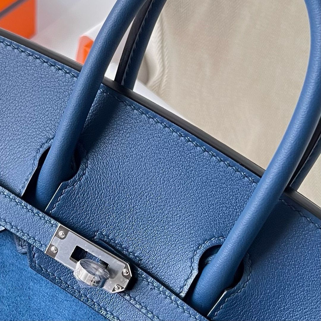 Hermes Birkin 25 Grizzly Bag in Blue Veau Doblis and Swift Leather - Image 7