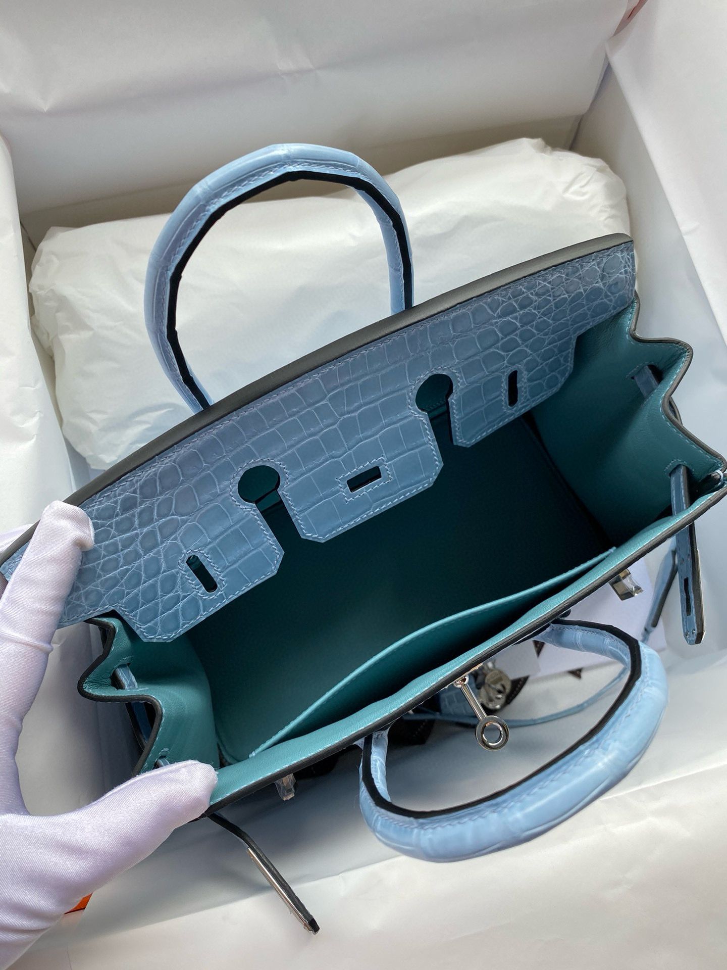 Hermes Birkin 25 Handmade Bag in Bleu du Nord Crocodile Niloticus Shiny Skin - Image 8