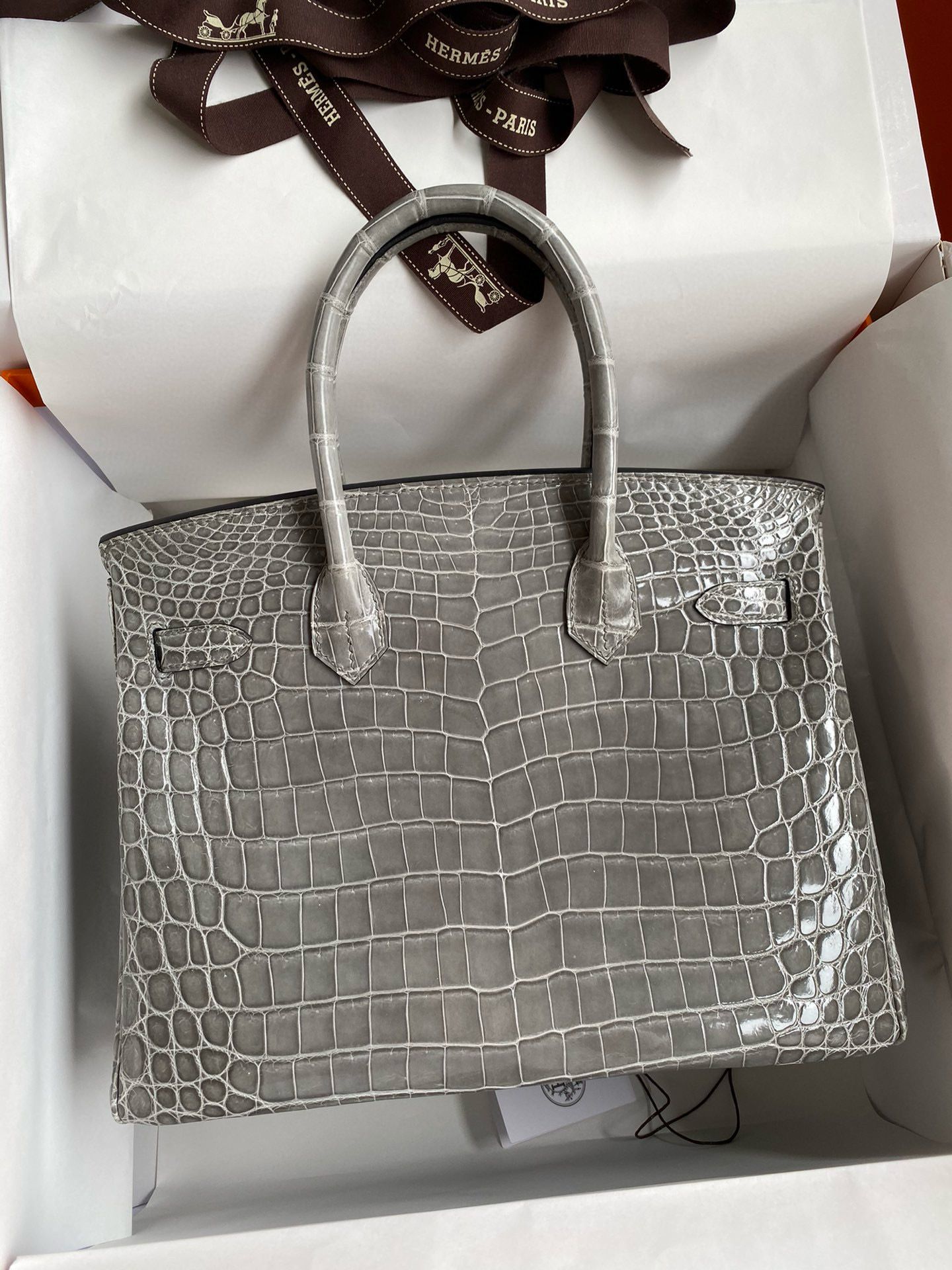 Hermes Birkin 25 Handmade Bag in Gris Ciment Crocodile Niloticus Shiny Skin - Image 3