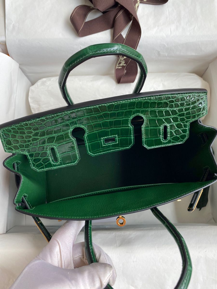 Hermes Birkin 25 Handmade Bag In Malachite Crocodile Niloticus Shiny Skin - Image 8