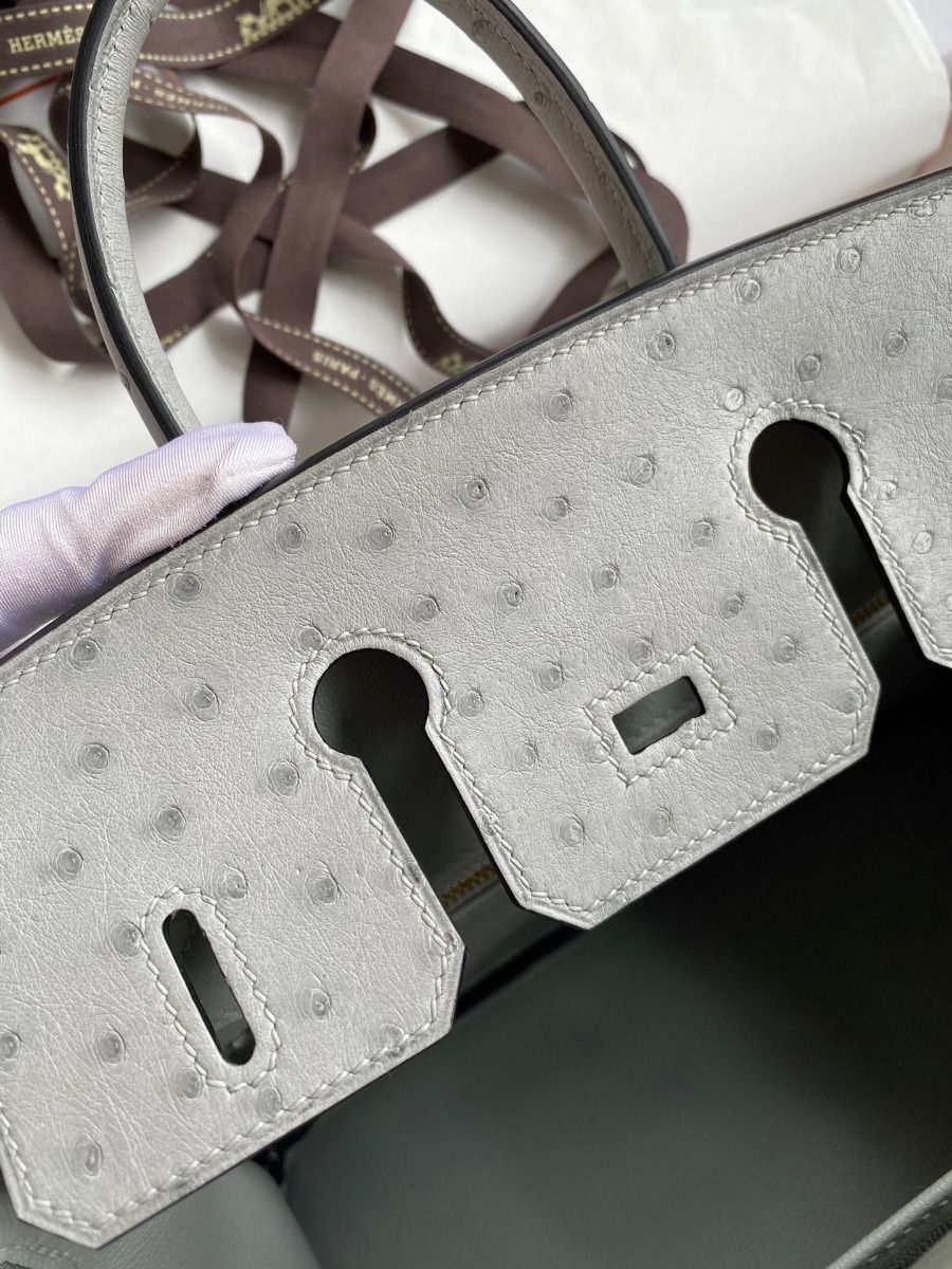 Hermes Birkin 25 Retourne Handmade Bag In Blue Glacier Ostrich Leather - Image 8