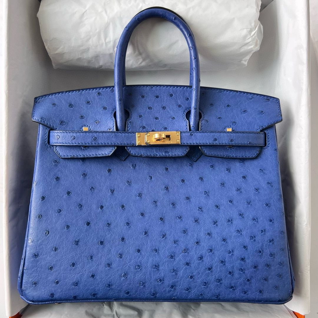 Hermes Birkin 25 Retourne Handmade Bag In Blue Zellige Ostrich Leather - Image 3