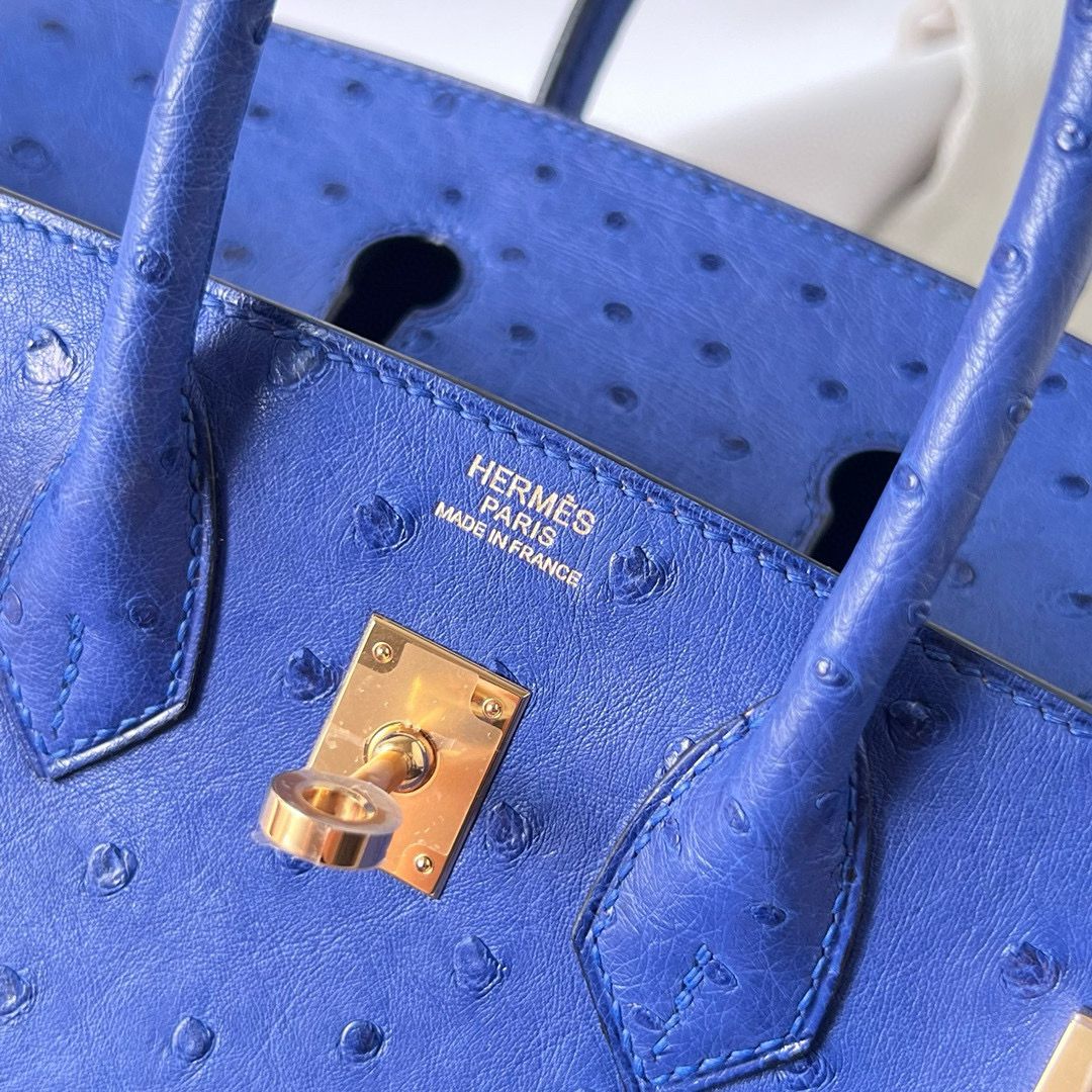 Hermes Birkin 25 Retourne Handmade Bag In Blue Zellige Ostrich Leather - Image 8