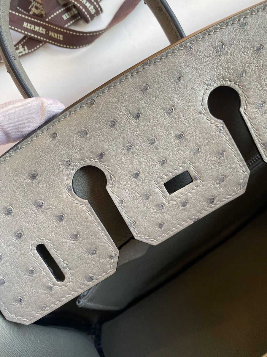 Hermes Birkin 25 Retourne Handmade Bag In Gris Tourterelle Ostrich Leather - Image 10