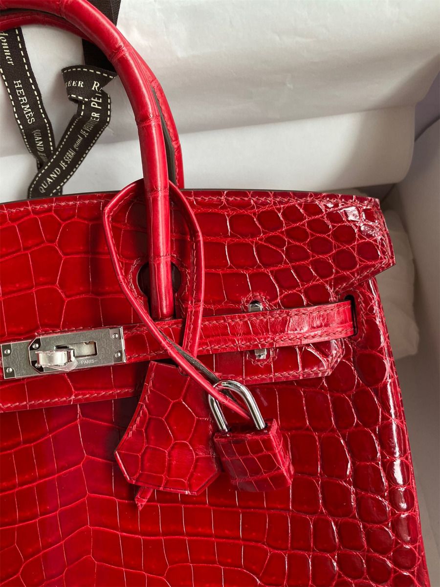 Hermes Birkin 25 Handmade Bag In Red Crocodile Porosus Shiny Skin - Image 4