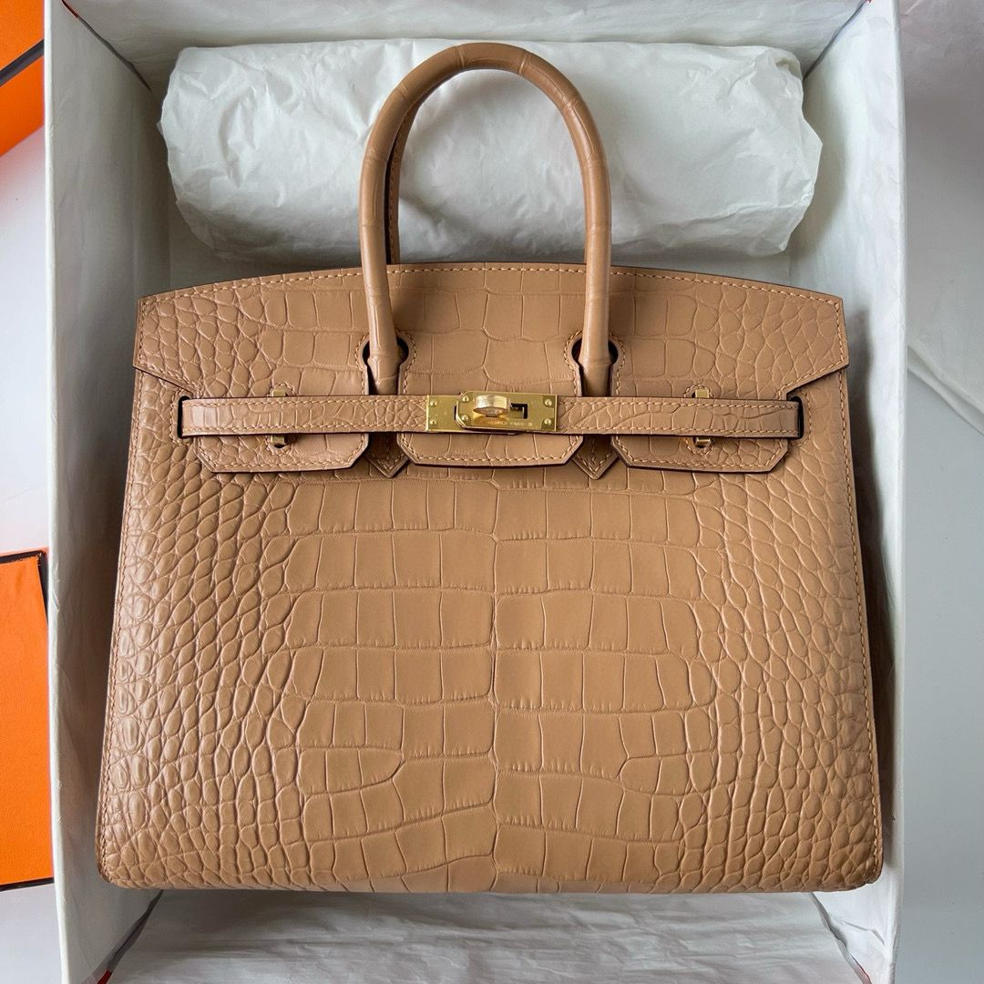 Hermes Birkin 25 Sellier Handmade Bag in Chai Matte Alligator Leather - Image 9