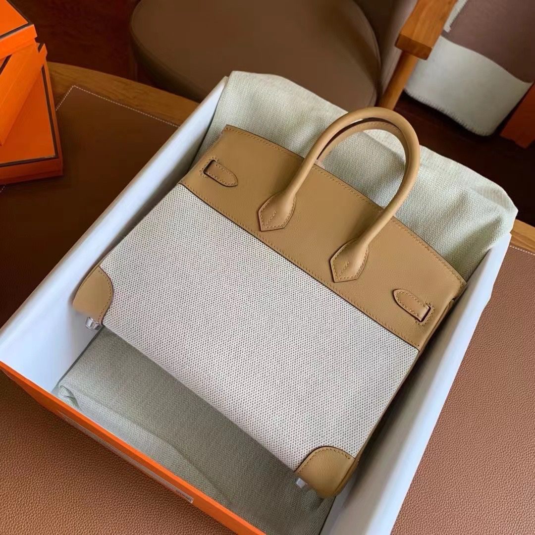Hermes Birkin 25 Handmade Bag In Toile & Biscuit Swift Leather - Image 4