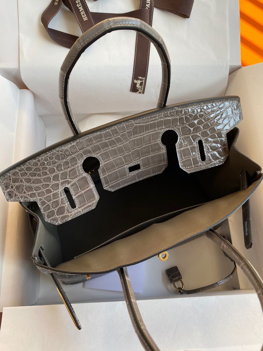 Hermes Birkin 30 Handmade Bag In Gris Tourterelle Crocodile Niloticus Shiny Skin - Image 7